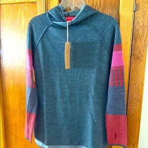 Krimson Klover merino blend hooded gray sweater, red/pink accents, new NWT, sm